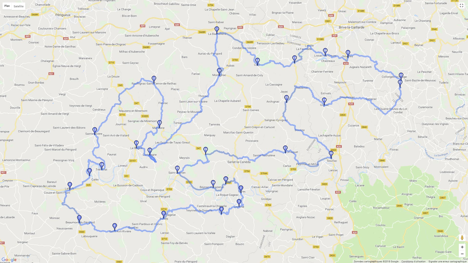 Pour zoomer sur la carte et avoir plus de détails, connectez-vous ! Carte roadbook Périgord Noir