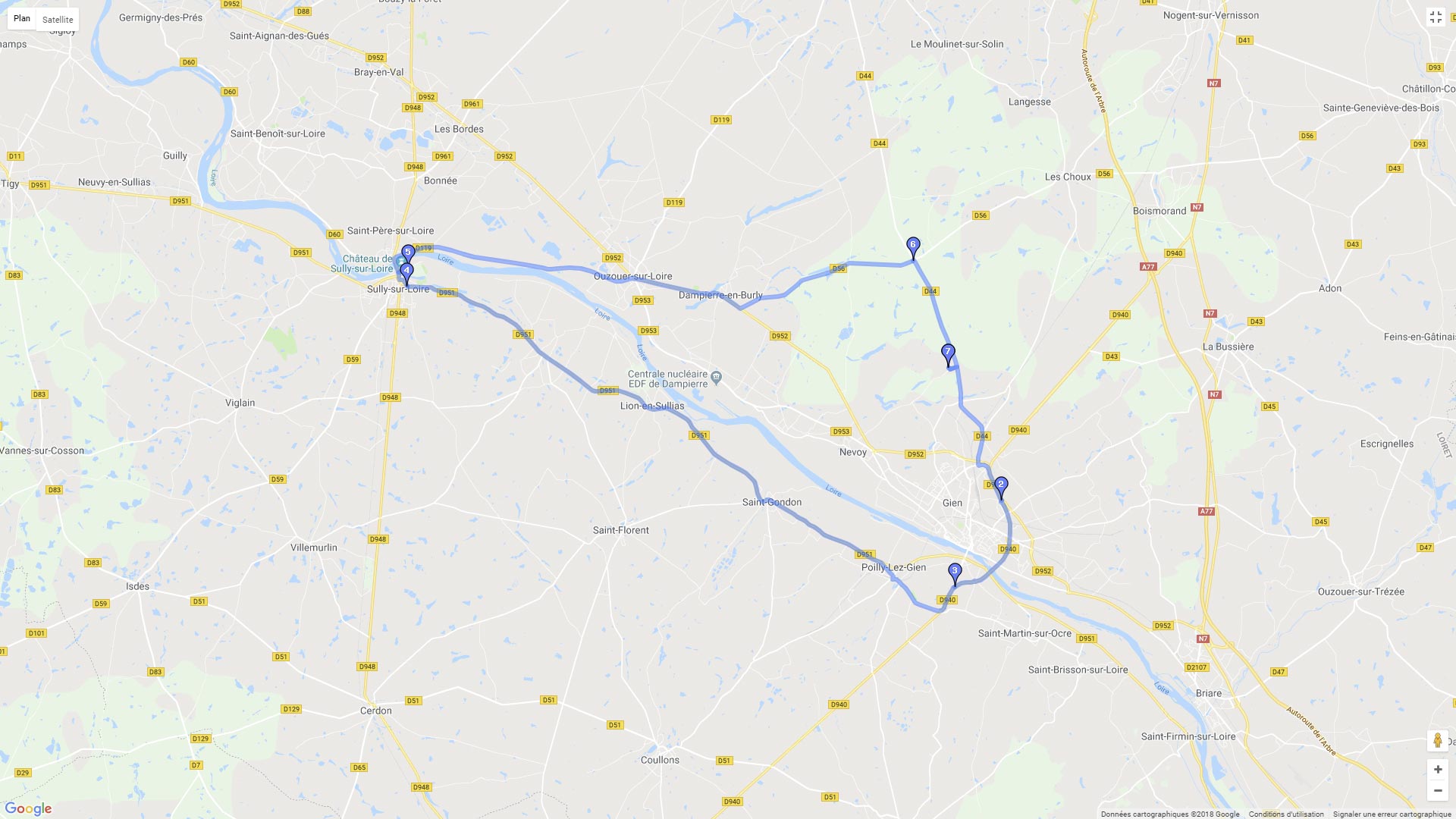 Pour zoomer sur la carte et avoir plus de détails, connectez-vous ! Carte roadbook Sully/Gien, rive gauche, rive droite
