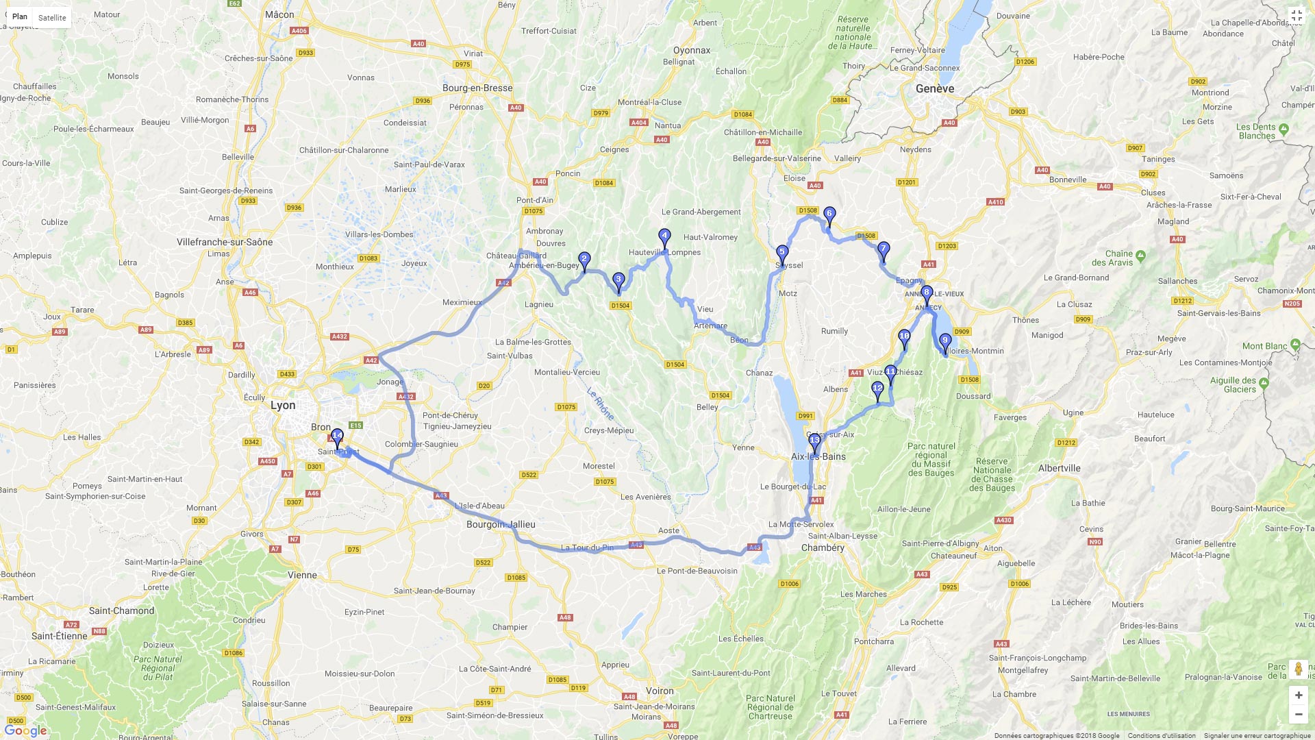 Pour zoomer sur la carte et avoir plus de détails, connectez-vous ! Carte roadbook Lyon Annecy Aix les Bains