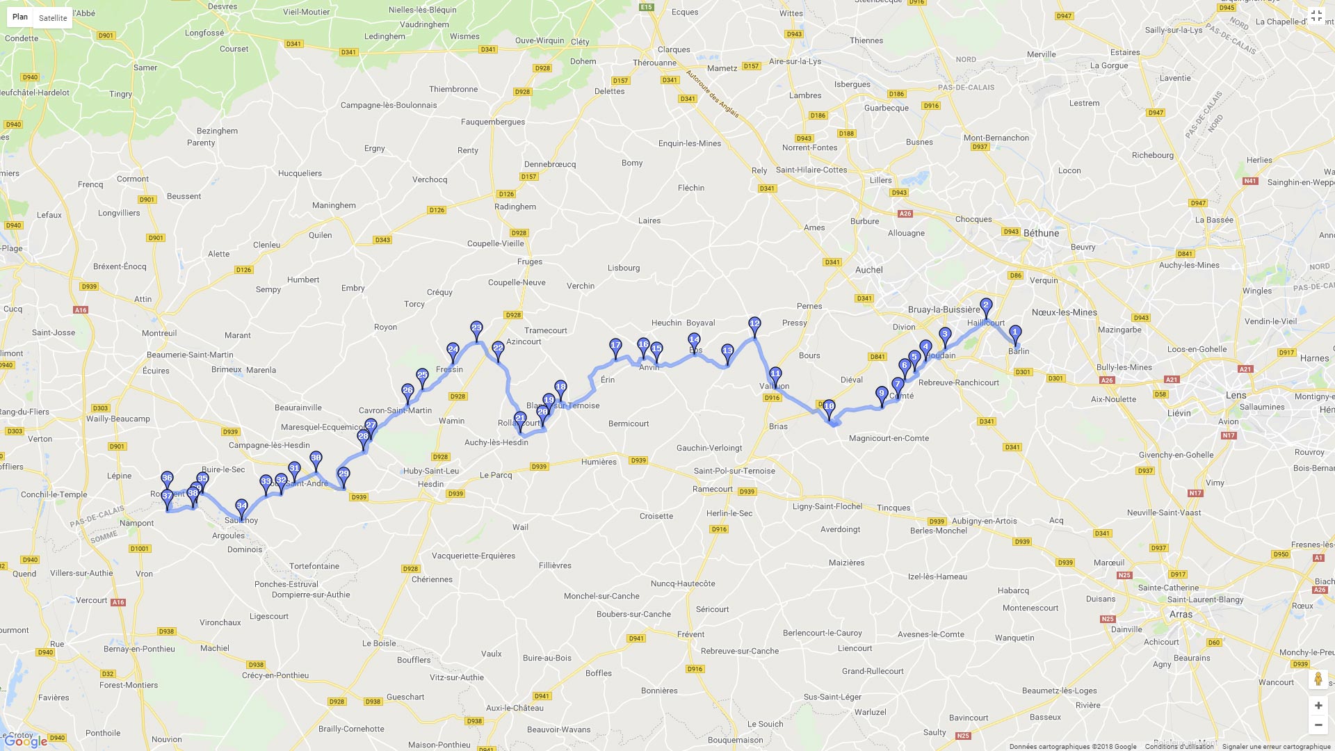 Pour zoomer sur la carte et avoir plus de détails, connectez-vous ! Carte roadbook Les vallées de l'Artois