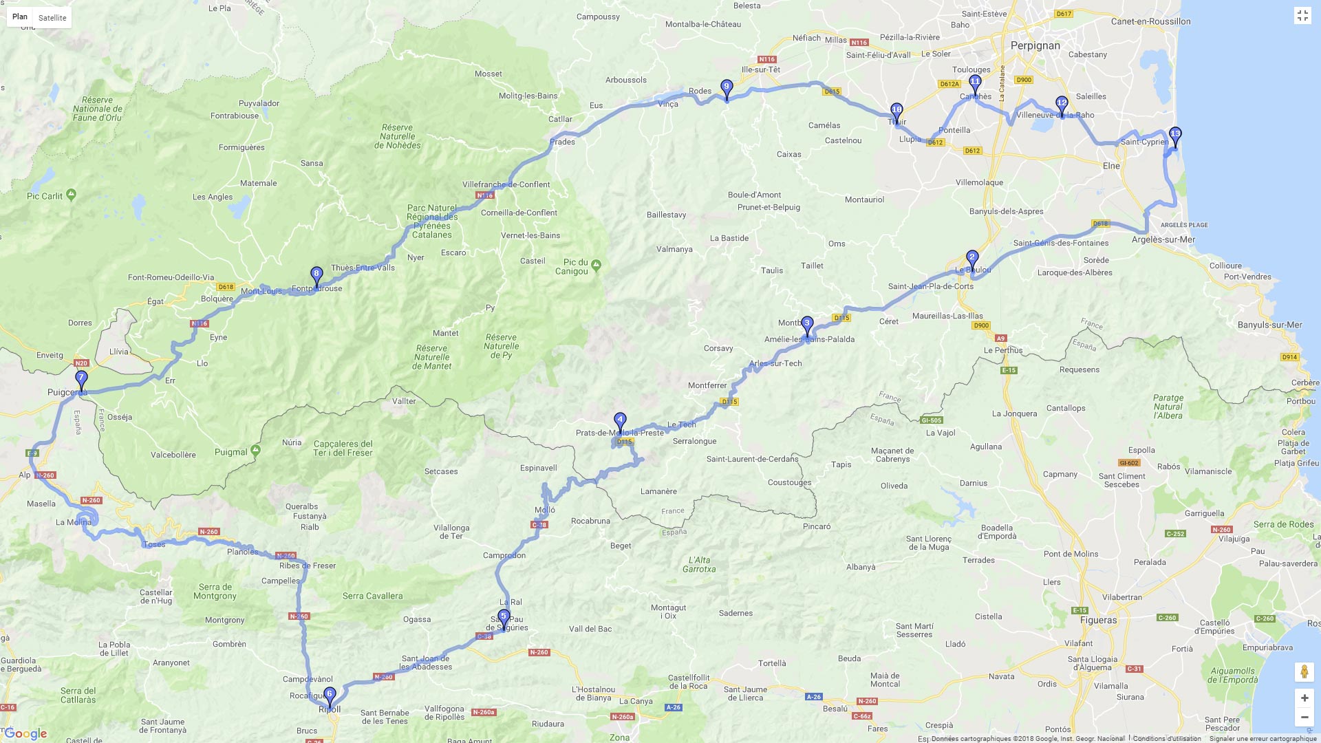 Pour zoomer sur la carte et avoir plus de détails, connectez-vous ! Carte roadbook Pyrénées Orientales - Espagne