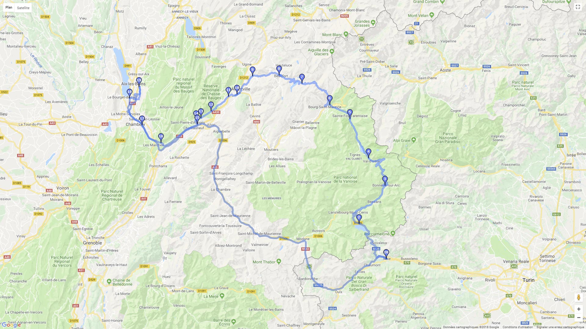 Pour zoomer sur la carte et avoir plus de détails, connectez-vous ! Carte roadbook Autour du Parc National de la Vanoise