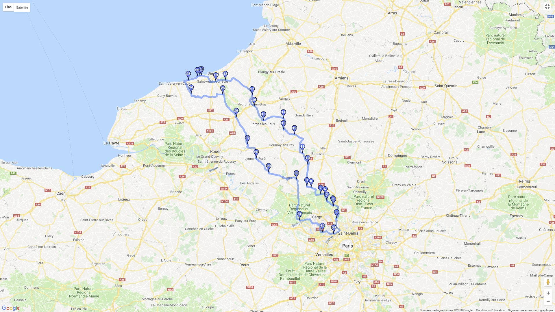 Pour zoomer sur la carte et avoir plus de détails, connectez-vous ! Carte roadbook Bezons - Criel-sur-Mer