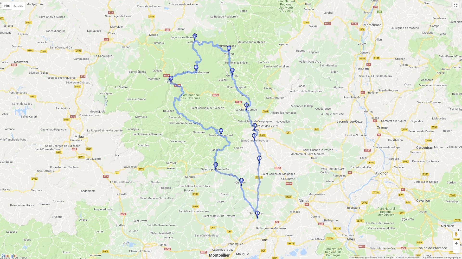 Pour zoomer sur la carte et avoir plus de détails, connectez-vous ! Carte roadbook Corniche des Cévennes et mont Lozère