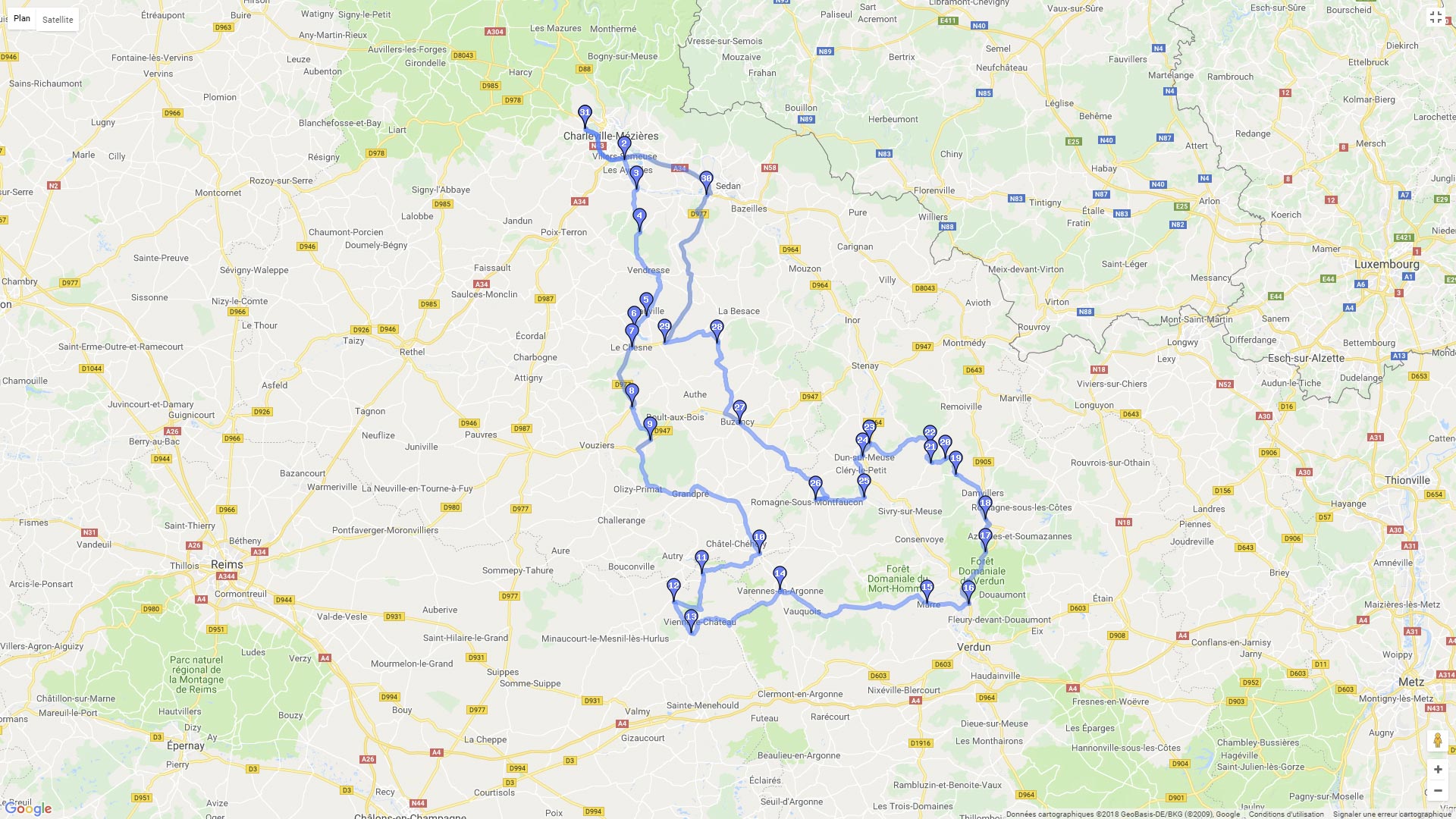 Pour zoomer sur la carte et avoir plus de détails, connectez-vous ! Carte roadbook Entre Ardennes et Meuse
