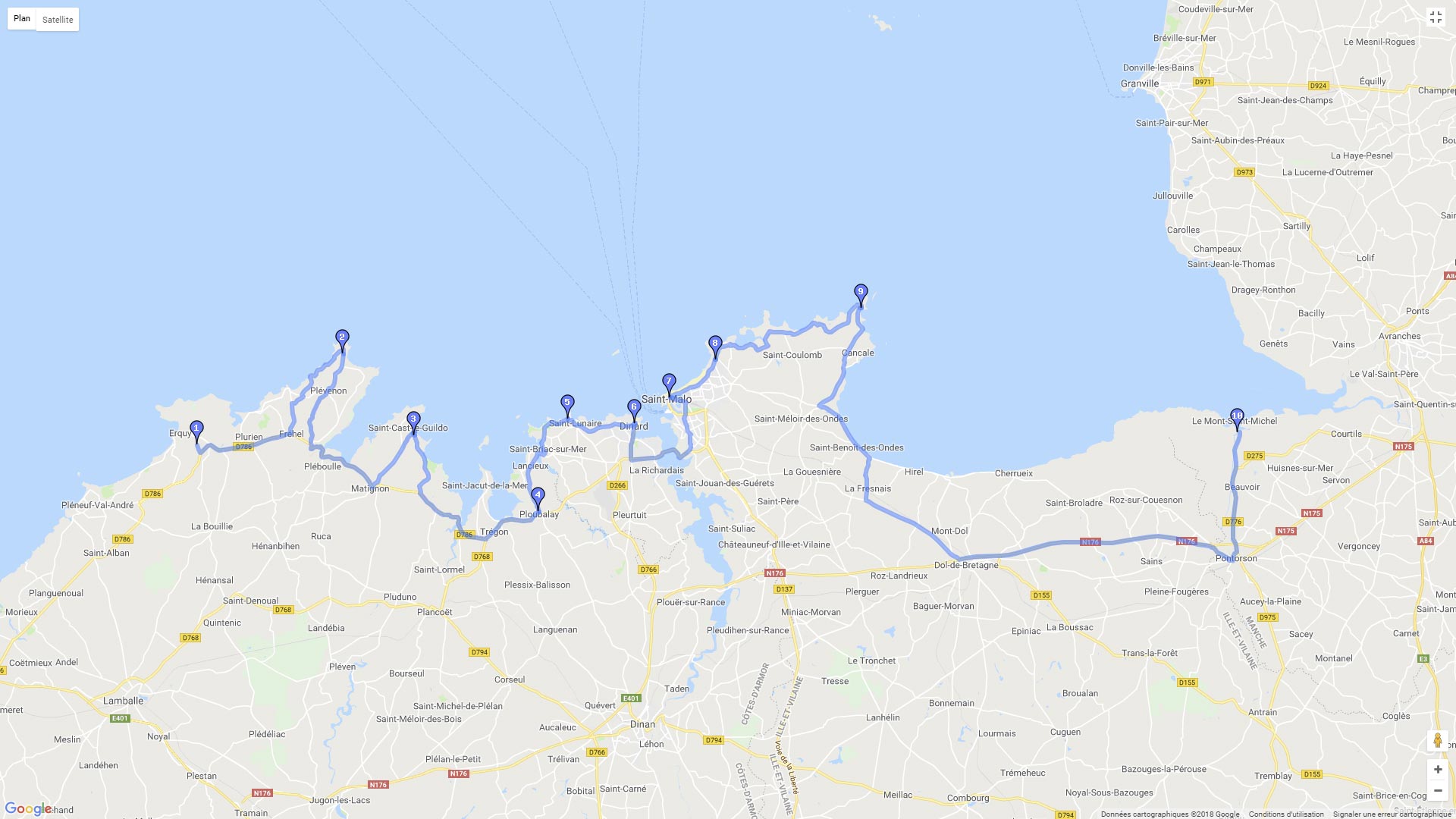 Pour zoomer sur la carte et avoir plus de détails, connectez-vous ! Carte roadbook Du Mt St Michel à Erquy