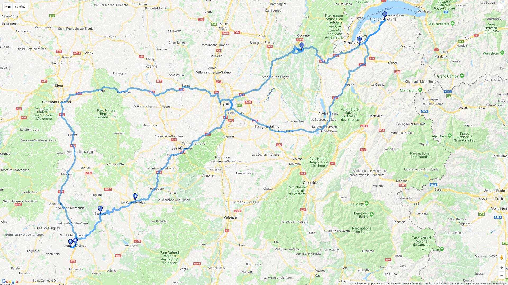 Pour zoomer sur la carte et avoir plus de détails, connectez-vous ! Carte roadbook Du Lac de Genève vers l'Ardèche