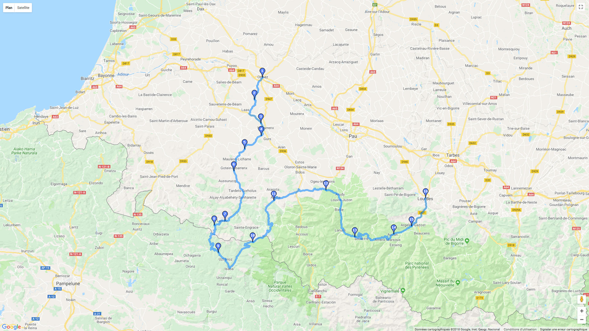 Pour zoomer sur la carte et avoir plus de détails, connectez-vous ! Carte roadbook Orthez - Bagnères de Bigorre