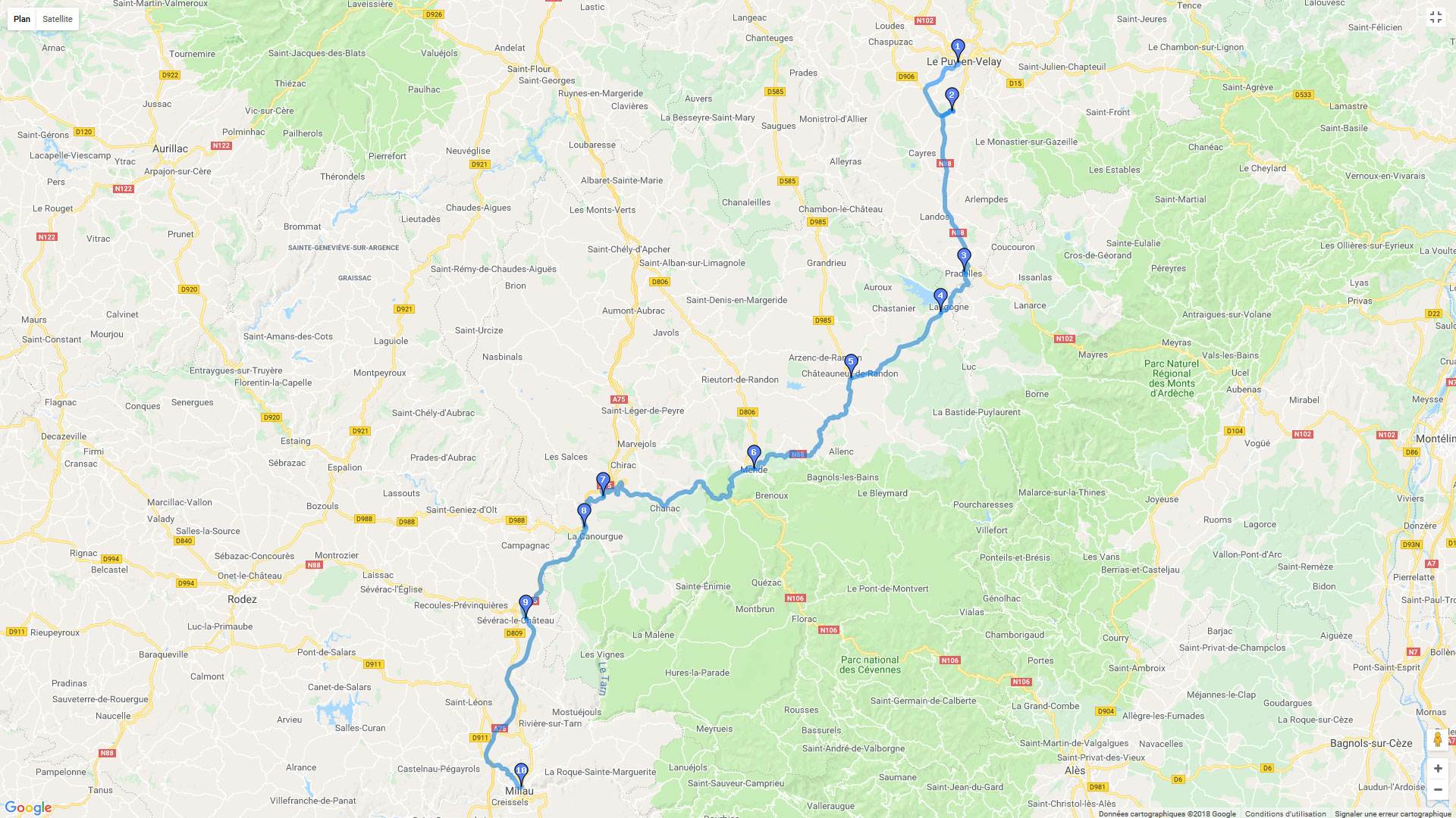 Pour zoomer sur la carte et avoir plus de détails, connectez-vous ! Carte roadbook Du Puy en Velay à Millau