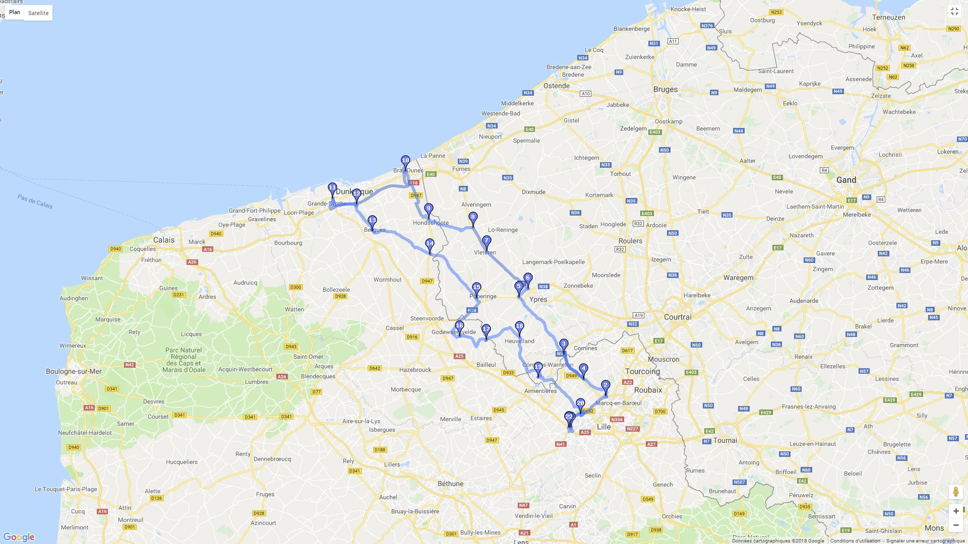 Pour zoomer sur la carte et avoir plus de détails, connectez-vous ! Carte roadbook Cote du nord et monts par Lille et St Pol sur Mer