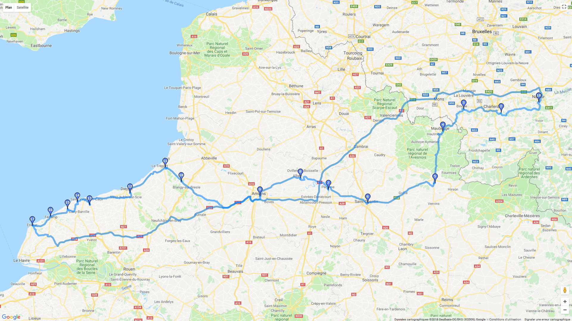 Pour zoomer sur la carte et avoir plus de détails, connectez-vous ! Carte roadbook Namur Etretat