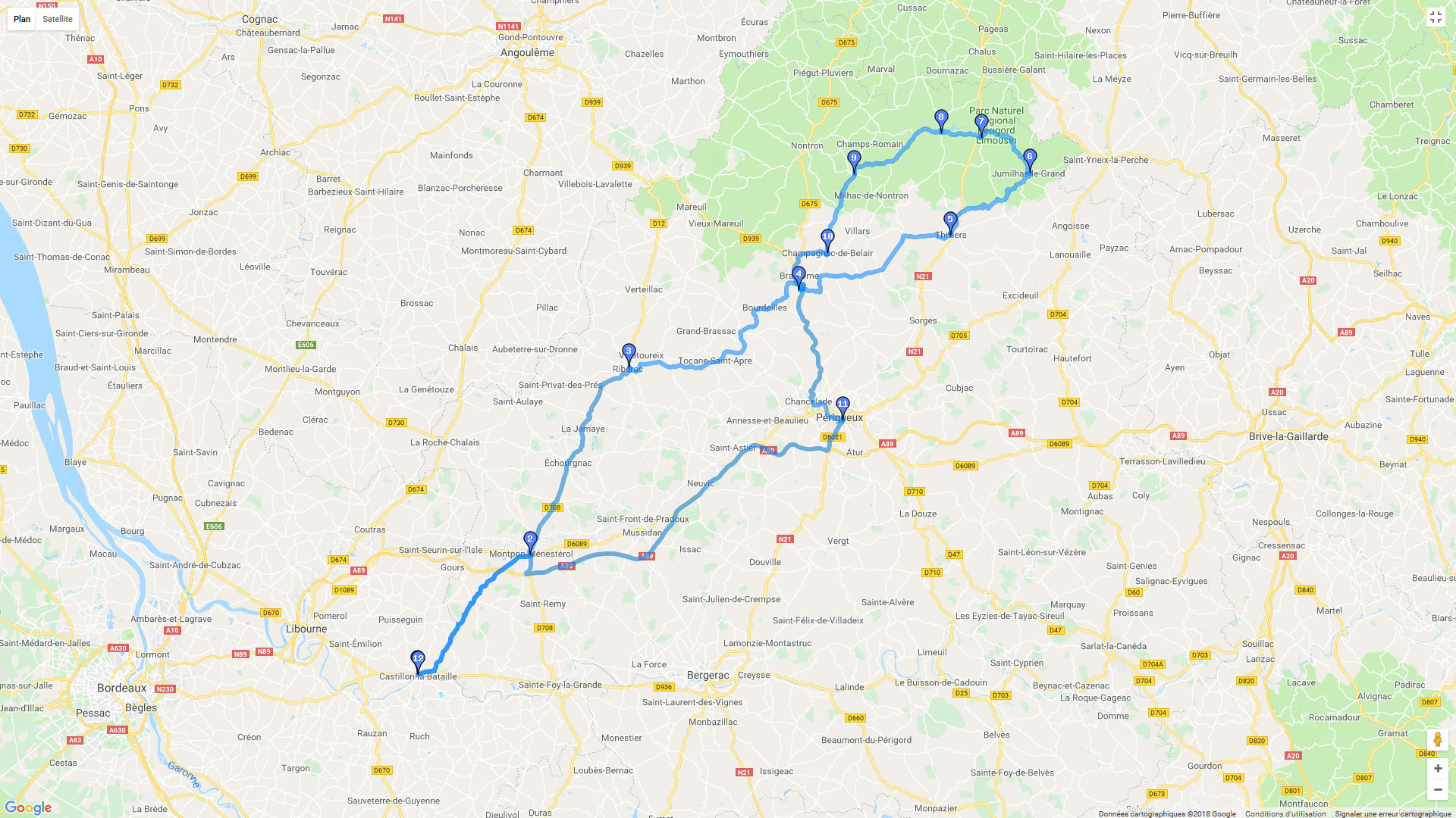 Pour zoomer sur la carte et avoir plus de détails, connectez-vous ! Carte roadbook Du Périgord blanc au Périgord Vert