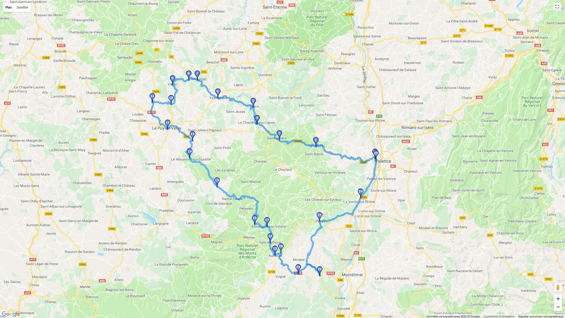 Pour zoomer sur la carte et avoir plus de détails, connectez-vous ! Carte roadbook Corniches entre Loire et Rhone