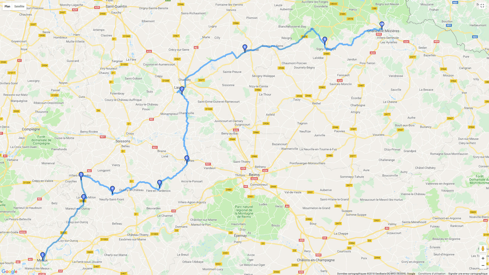 Pour zoomer sur la carte et avoir plus de détails, connectez-vous ! Carte roadbook Meaux - Charleville - Mézières