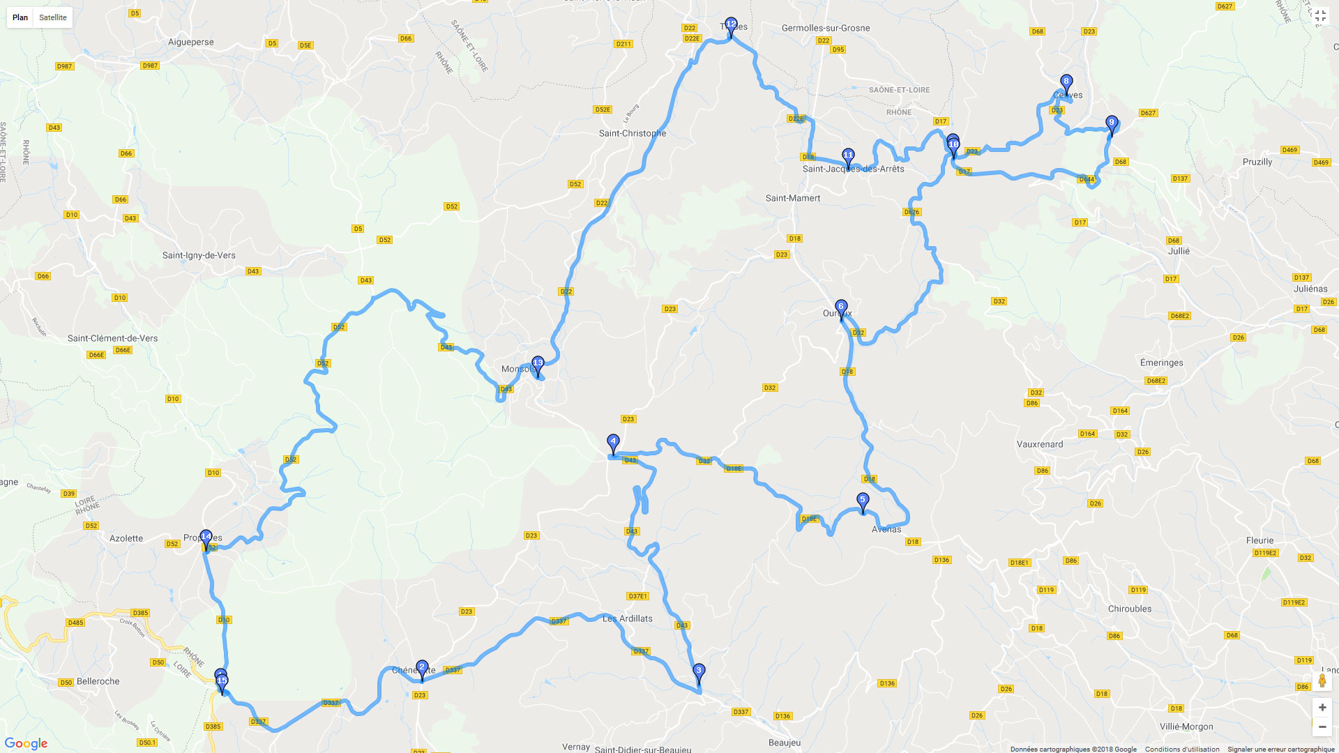 Pour zoomer sur la carte et avoir plus de détails, connectez-vous ! Carte roadbook Circuit en Haut Beaujolais