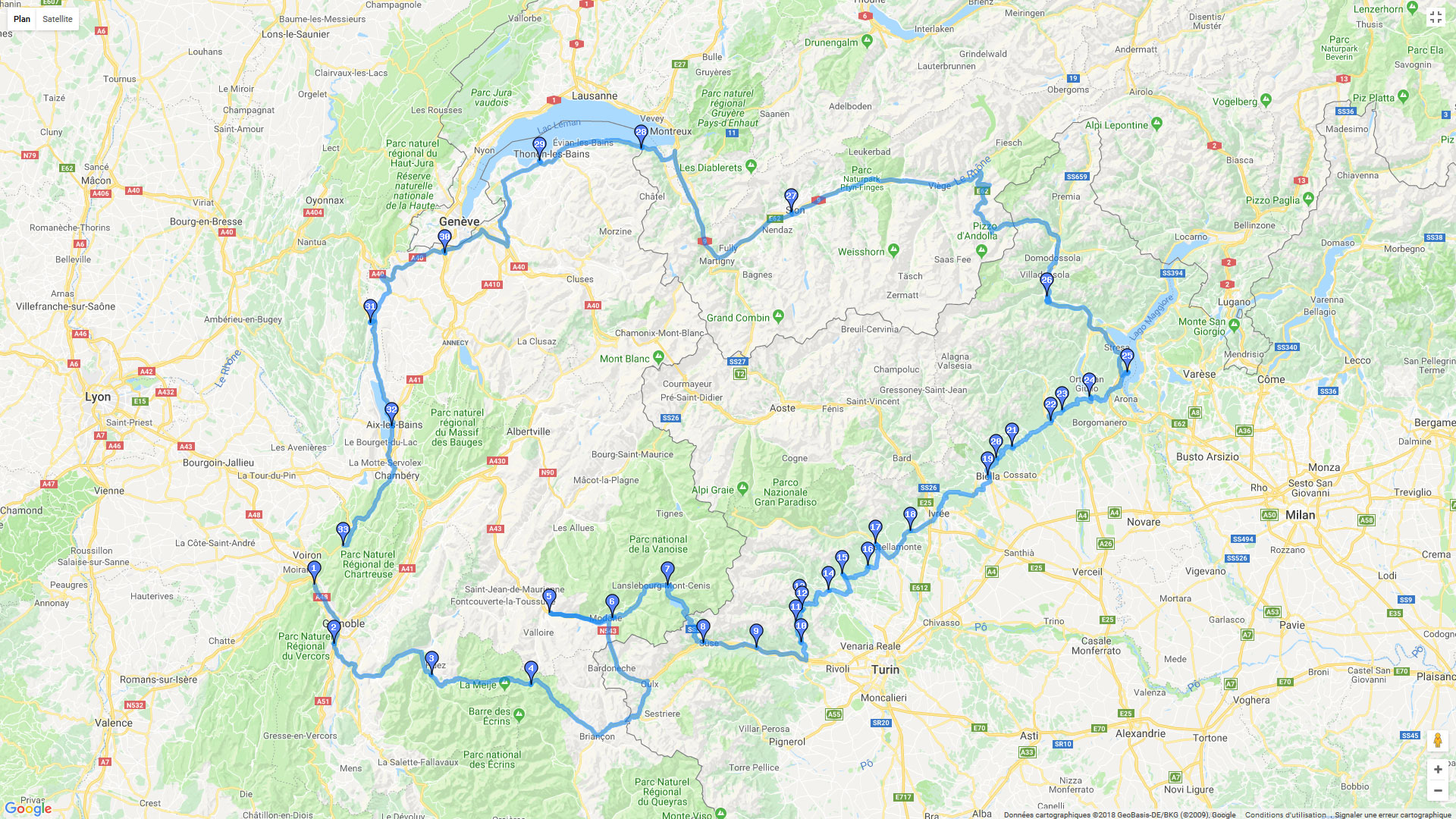 Pour zoomer sur la carte et avoir plus de détails, connectez-vous ! Carte roadbook Suisse, France, Italie