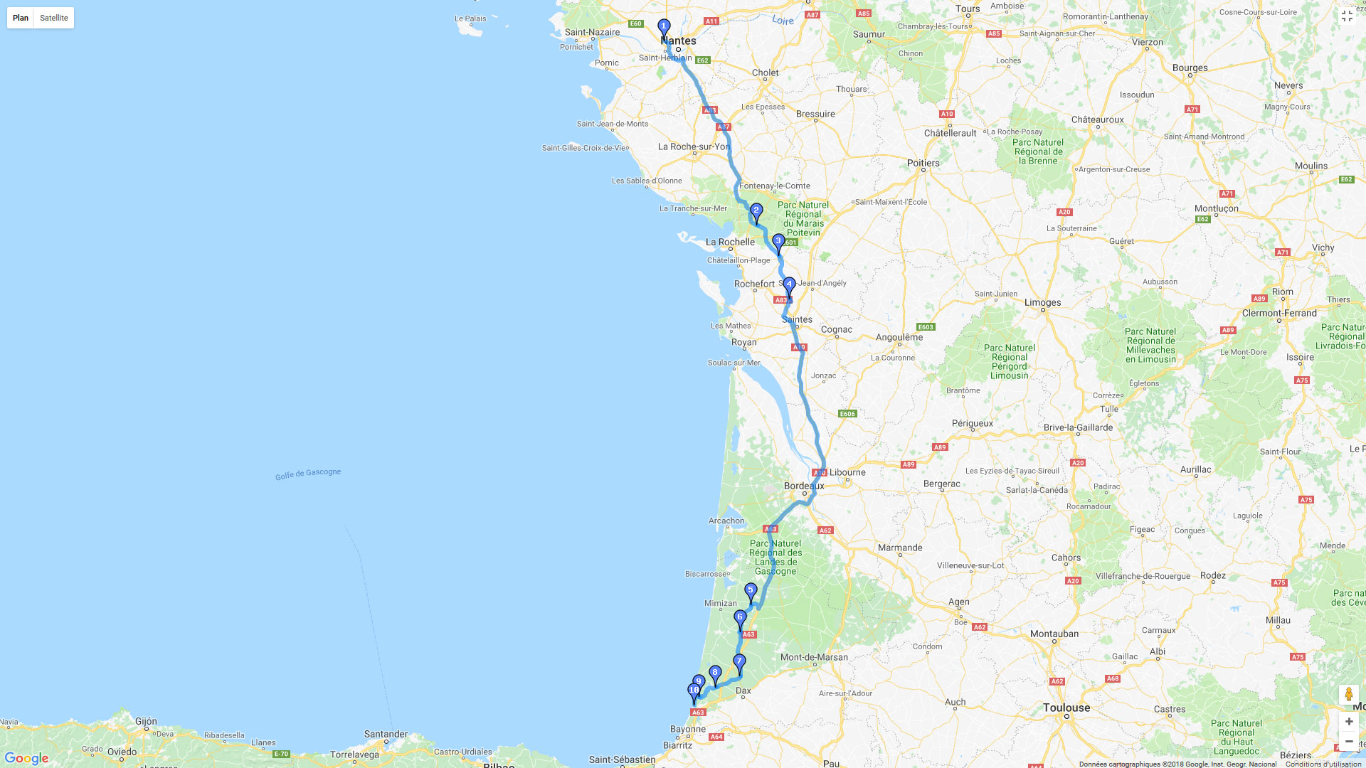 Pour zoomer sur la carte et avoir plus de détails, connectez-vous ! Carte roadbook Nantes - Bayonne