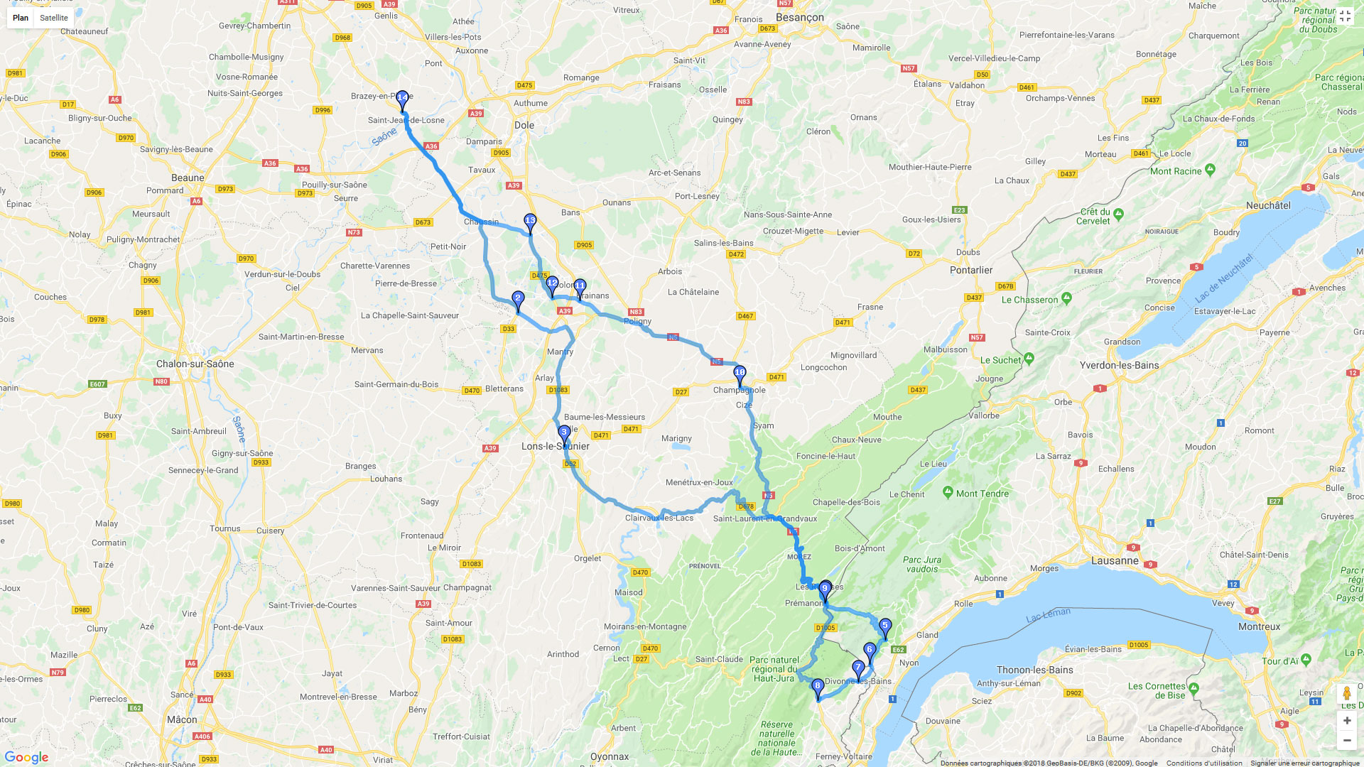 Pour zoomer sur la carte et avoir plus de détails, connectez-vous ! Carte roadbook Boucle autour de Dôle