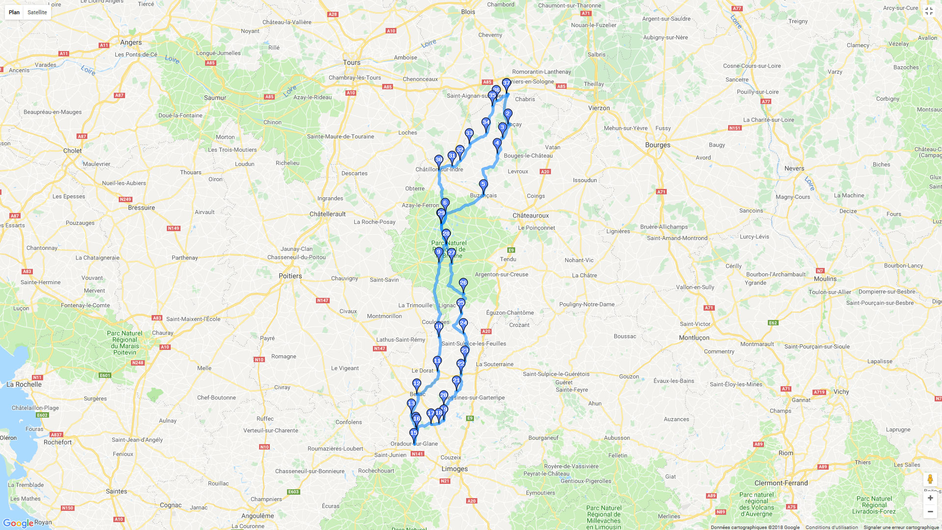 Pour zoomer sur la carte et avoir plus de détails, connectez-vous ! Carte roadbook Brenne et Limousin