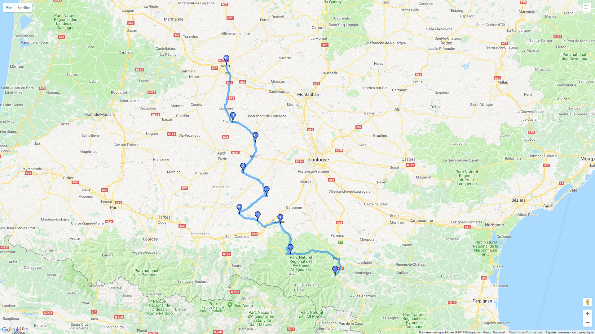 Pour zoomer sur la carte et avoir plus de détails, connectez-vous ! Carte roadbook Tarascon - Agen