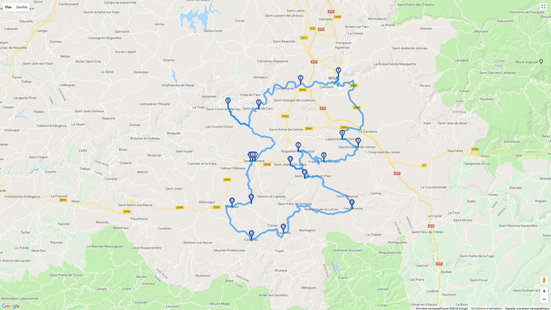 Pour zoomer sur la carte et avoir plus de détails, connectez-vous ! Carte roadbook Sud Aveyron, le Rougier et les sites templiers
