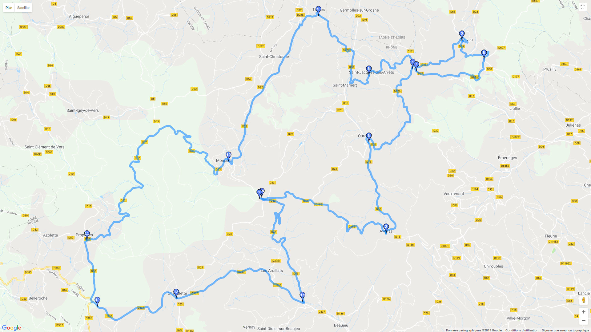 Pour zoomer sur la carte et avoir plus de détails, connectez-vous ! Carte roadbook Circuit Haut Beaujolais