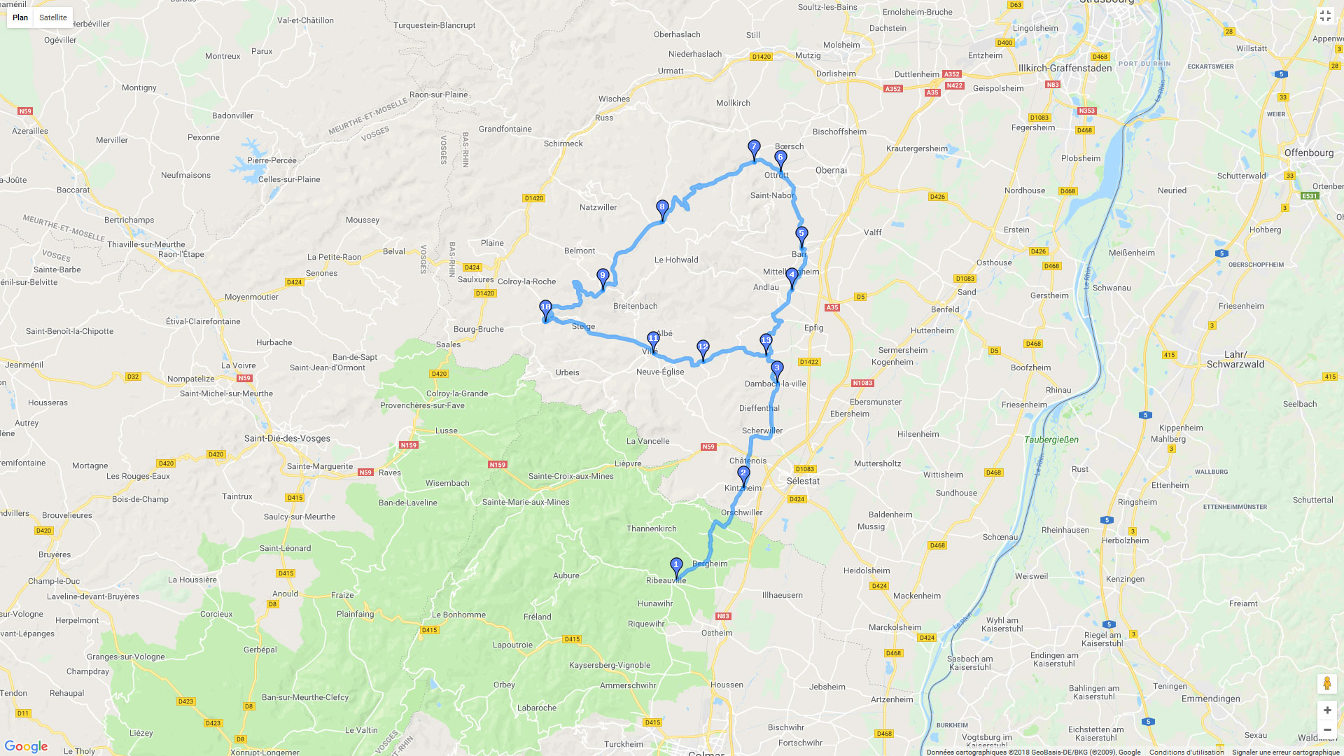 Pour zoomer sur la carte et avoir plus de détails, connectez-vous ! Carte roadbook Alsace Piémont - Champ du Feu - Steige
