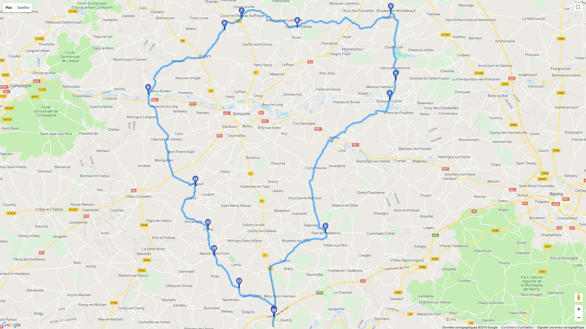 Pour zoomer sur la carte et avoir plus de détails, connectez-vous ! Carte roadbook Autour de Soisson