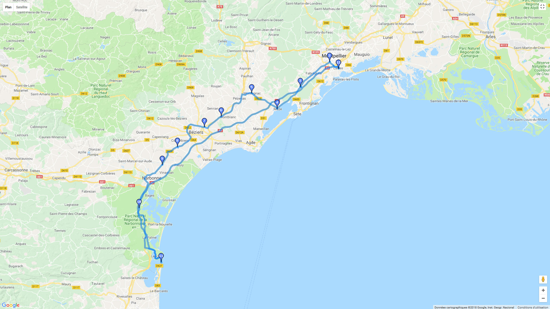 Pour zoomer sur la carte et avoir plus de détails, connectez-vous ! Carte roadbook Montpellier Leucate