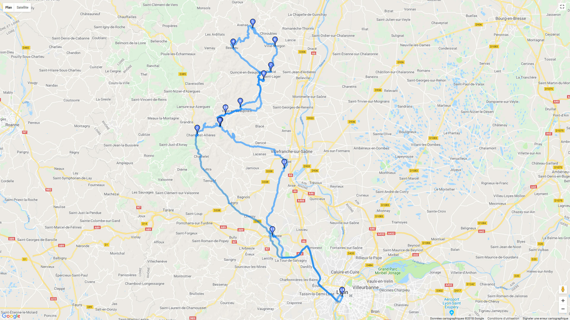 Pour zoomer sur la carte et avoir plus de détails, connectez-vous ! Carte roadbook Le Beaujolais à partir de Lyon