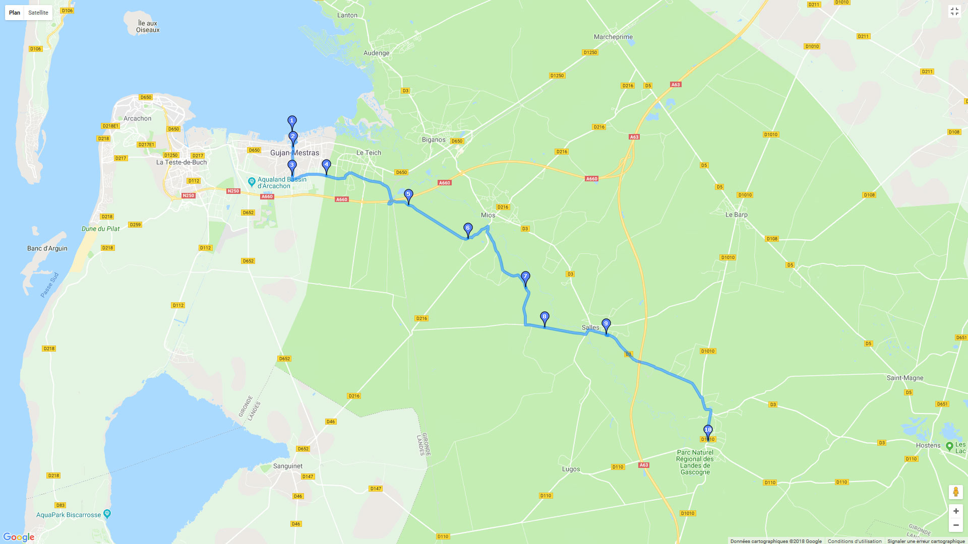 Pour zoomer sur la carte et avoir plus de détails, connectez-vous ! Carte roadbook De Belin au bassin d'Arcachon