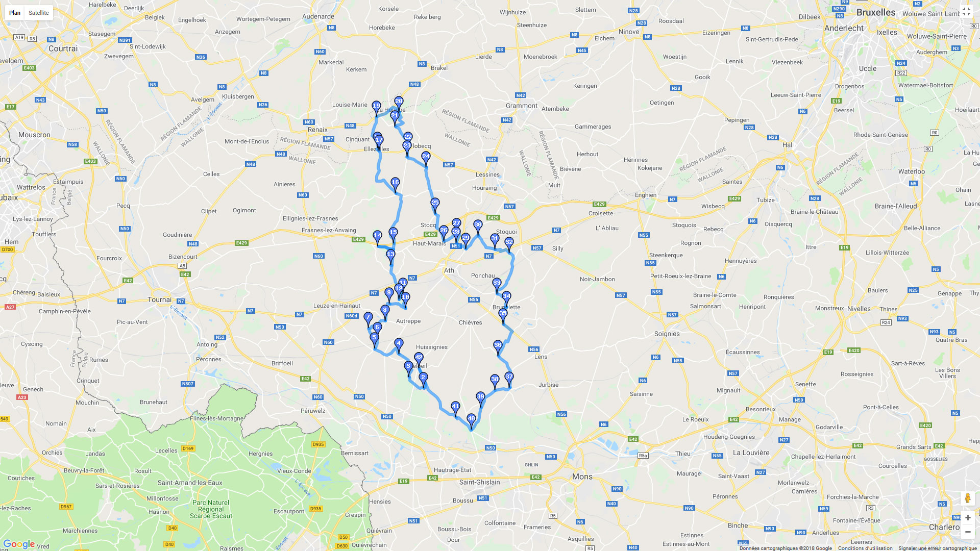 Pour zoomer sur la carte et avoir plus de détails, connectez-vous ! Carte roadbook Pays d'Ath et des collines