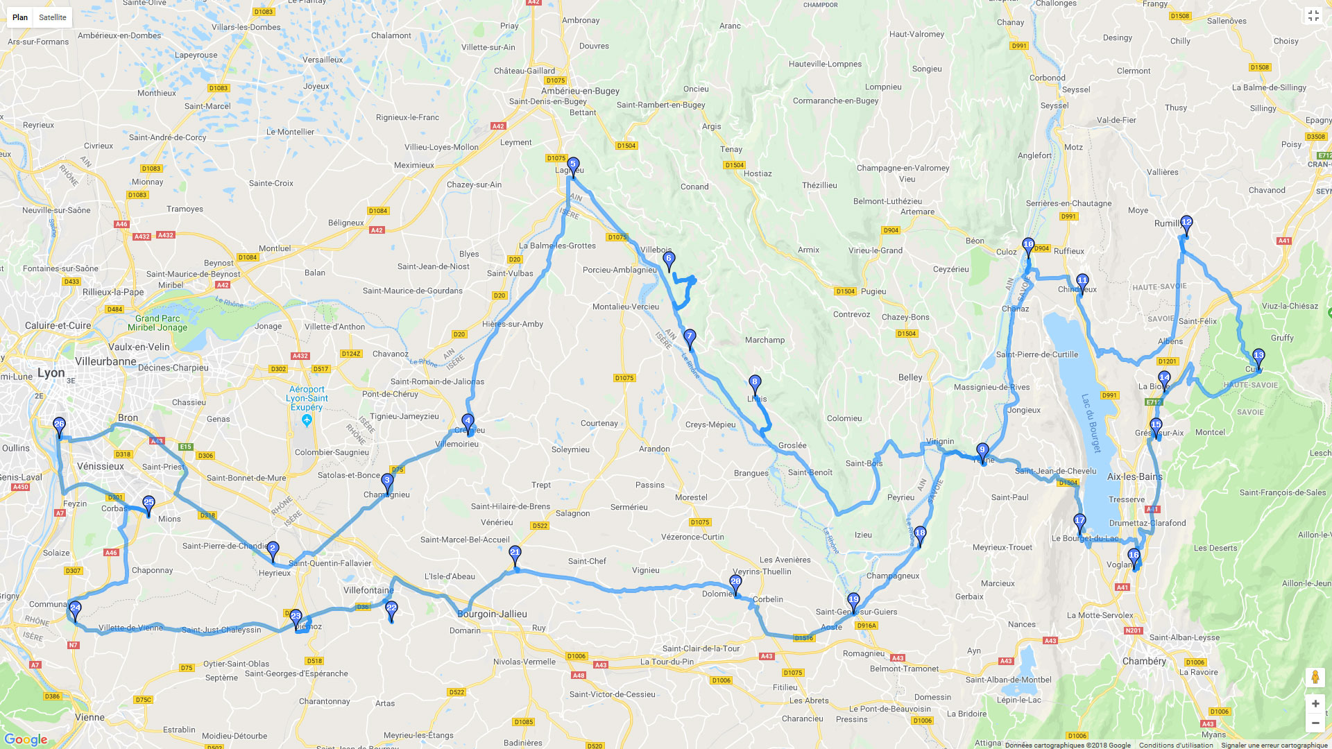 Pour zoomer sur la carte et avoir plus de détails, connectez-vous ! Carte roadbook Lyon vers les lacs