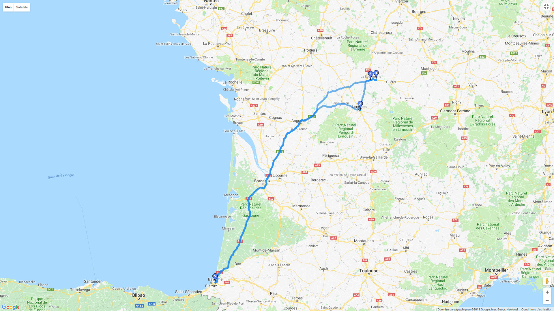 Pour zoomer sur la carte et avoir plus de détails, connectez-vous ! Carte roadbook Bayonne et Poulignat