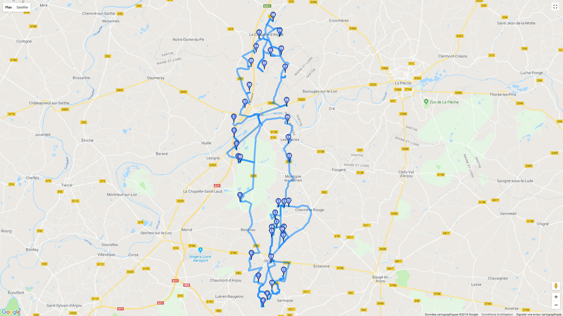 Pour zoomer sur la carte et avoir plus de détails, connectez-vous ! Carte roadbook A l'ouest de la Flèche - alternative