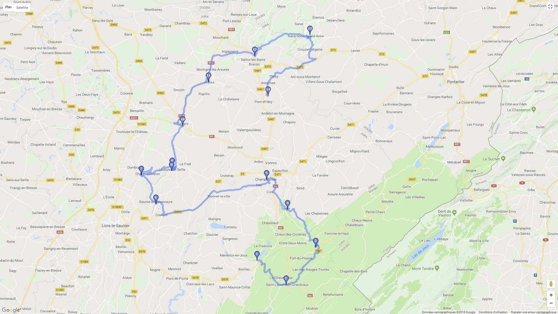 Pour zoomer sur la carte et avoir plus de détails, connectez-vous ! Carte roadbook Jura Cascades Arbois