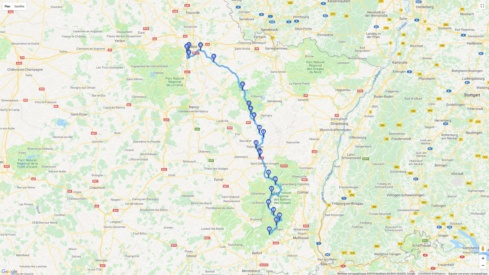 Pour zoomer sur la carte et avoir plus de détails, connectez-vous ! Carte roadbook Mulhouse Metz