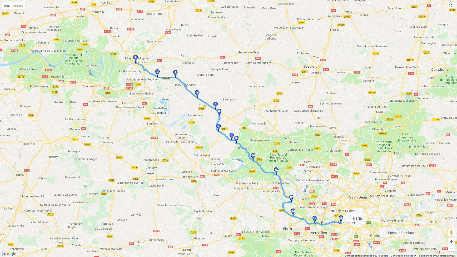 Pour zoomer sur la carte et avoir plus de détails, connectez-vous ! Carte roadbook Rouen Paris