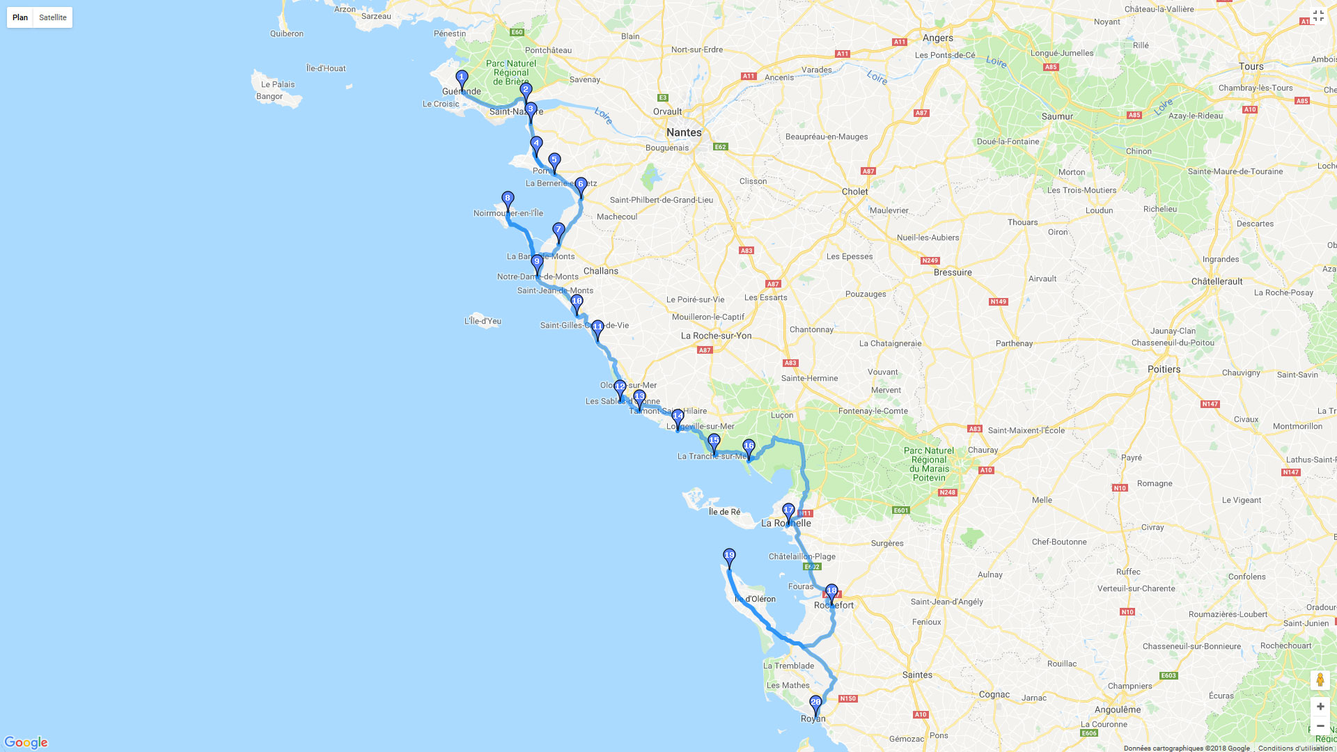 Pour zoomer sur la carte et avoir plus de détails, connectez-vous ! Carte roadbook Guérande Royan par la côte