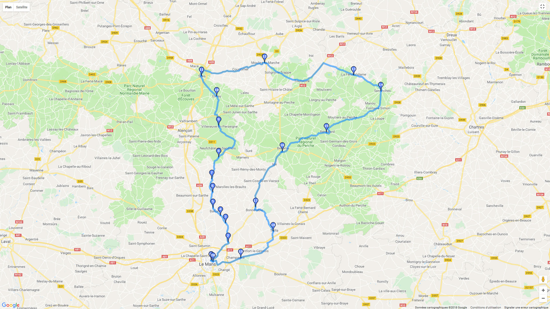 Pour zoomer sur la carte et avoir plus de détails, connectez-vous ! Carte roadbook Le Mans et les forêts du Perche