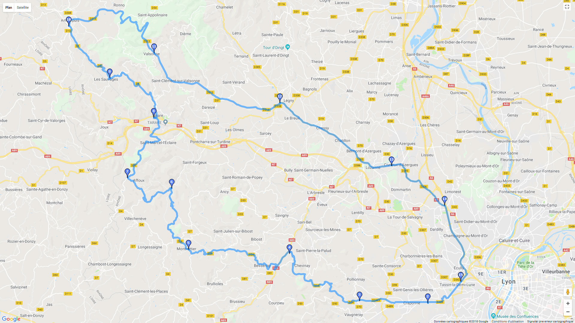 Pour zoomer sur la carte et avoir plus de détails, connectez-vous ! Carte roadbook A travers les monts du lyonnais