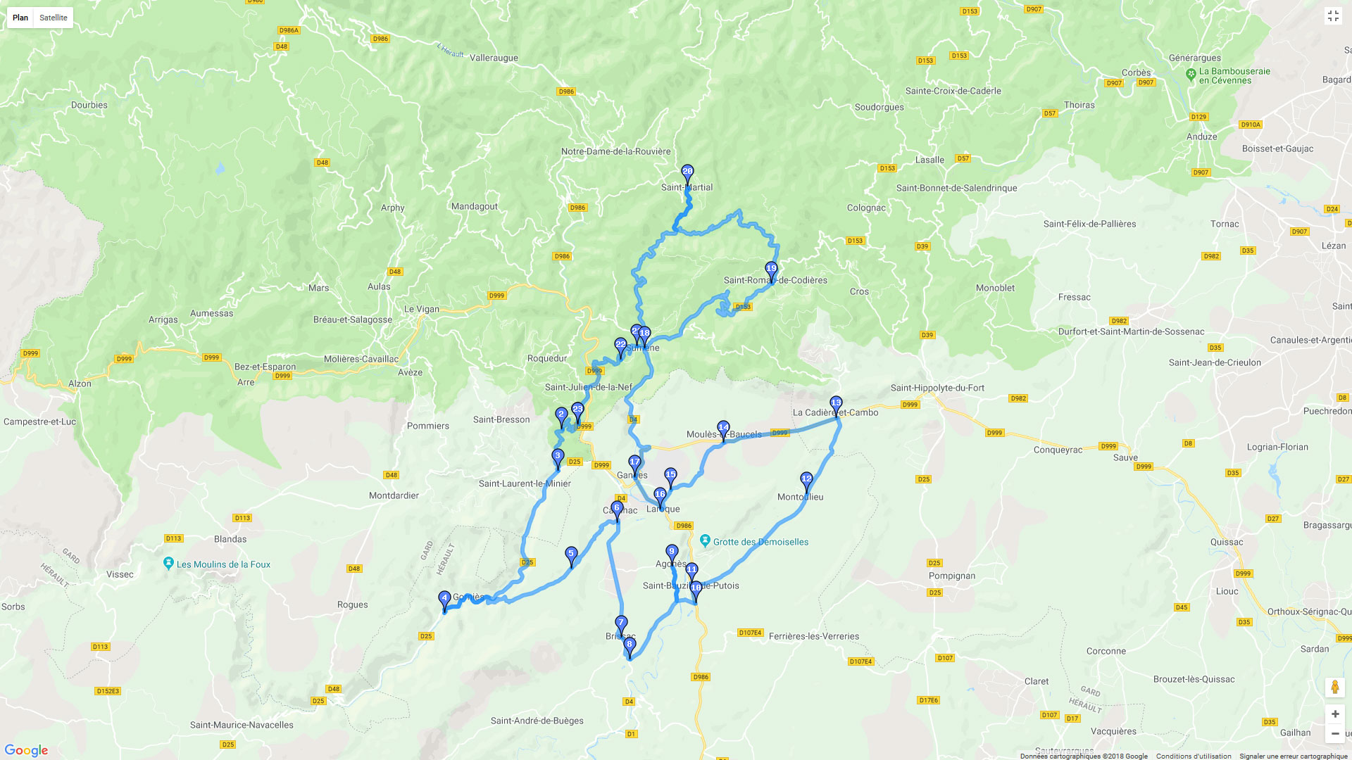 Pour zoomer sur la carte et avoir plus de détails, connectez-vous ! Carte roadbook Les 13 communes des Cevennes gangeoises