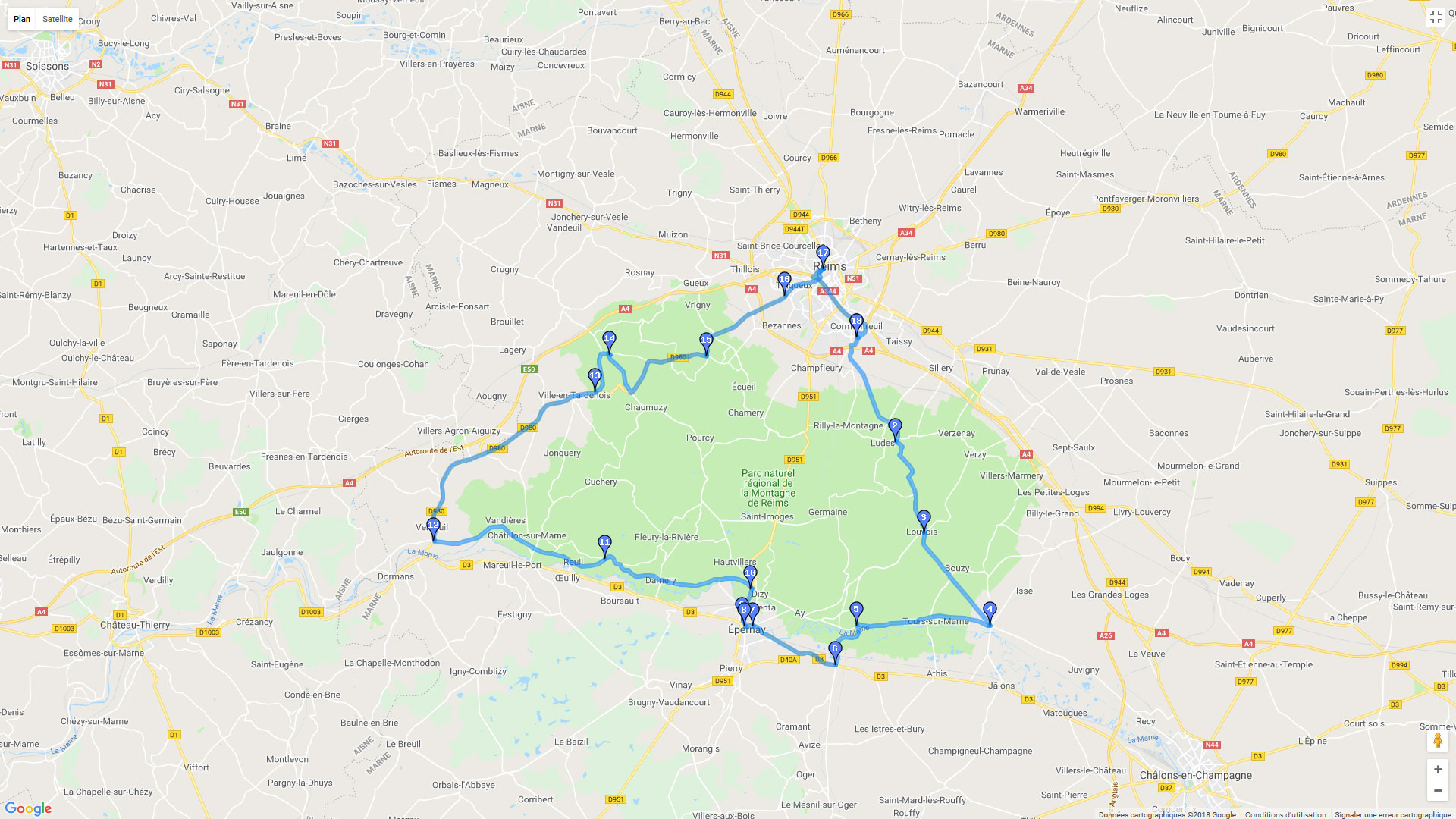 Pour zoomer sur la carte et avoir plus de détails, connectez-vous ! Carte roadbook Parc naturel régional de la Montagne de Reims