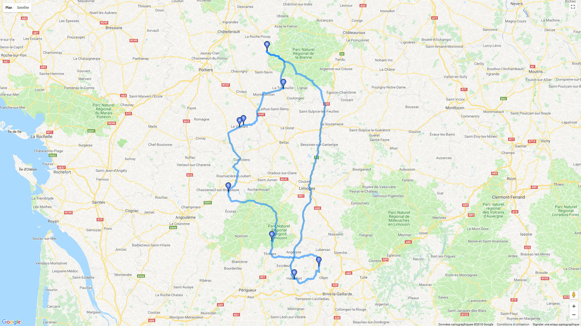 Pour zoomer sur la carte et avoir plus de détails, connectez-vous ! Carte roadbook Périgord Limousin