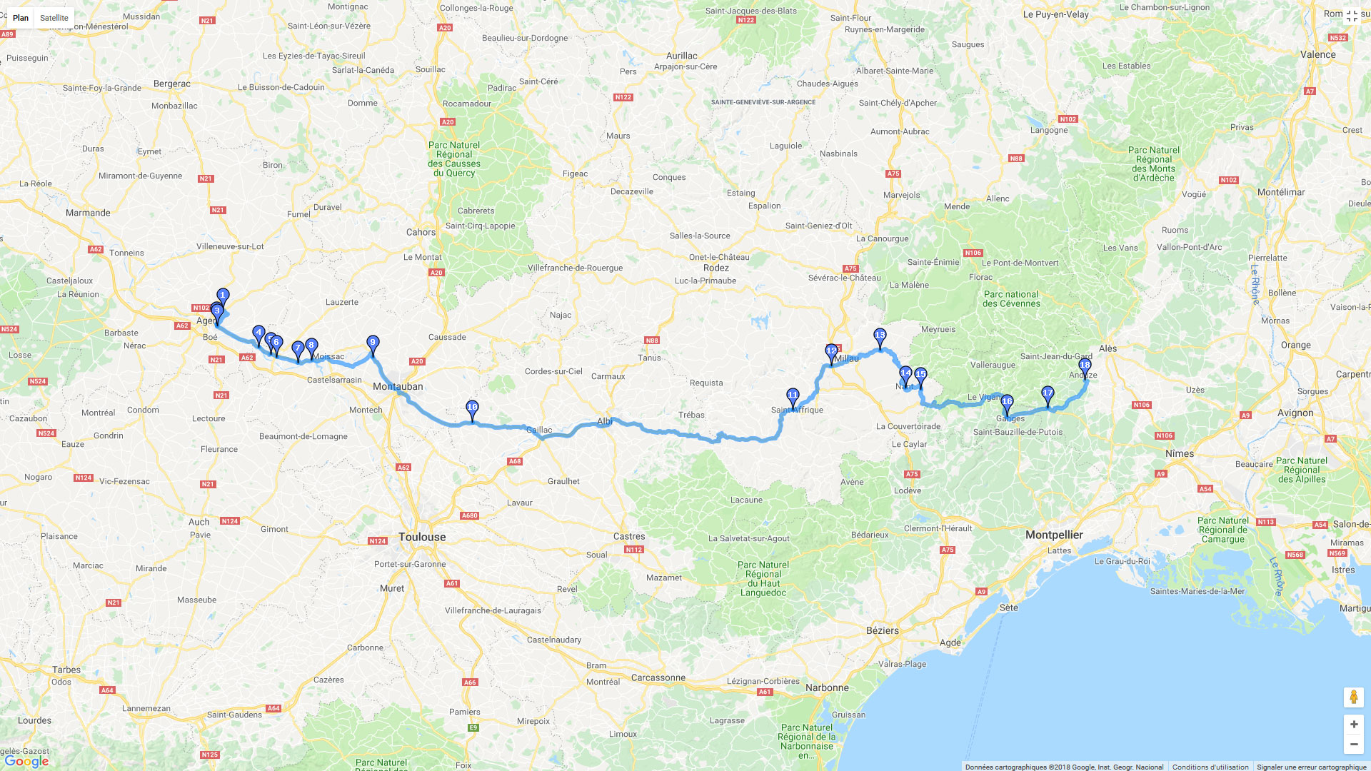 Pour zoomer sur la carte et avoir plus de détails, connectez-vous ! Carte roadbook Du Lot et Garonne aux Cévennes