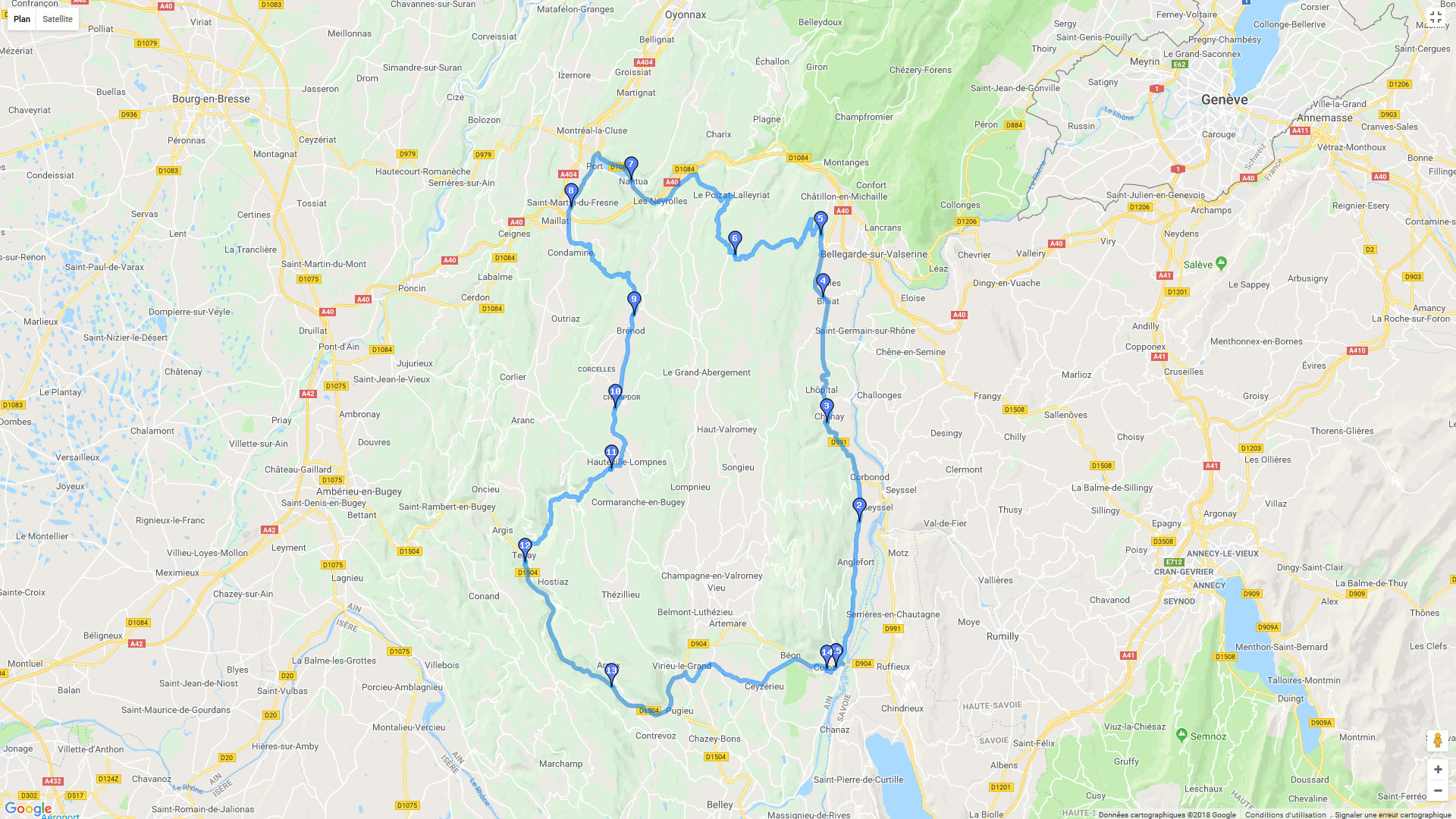 Pour zoomer sur la carte et avoir plus de détails, connectez-vous ! Carte roadbook Bugey et Jura