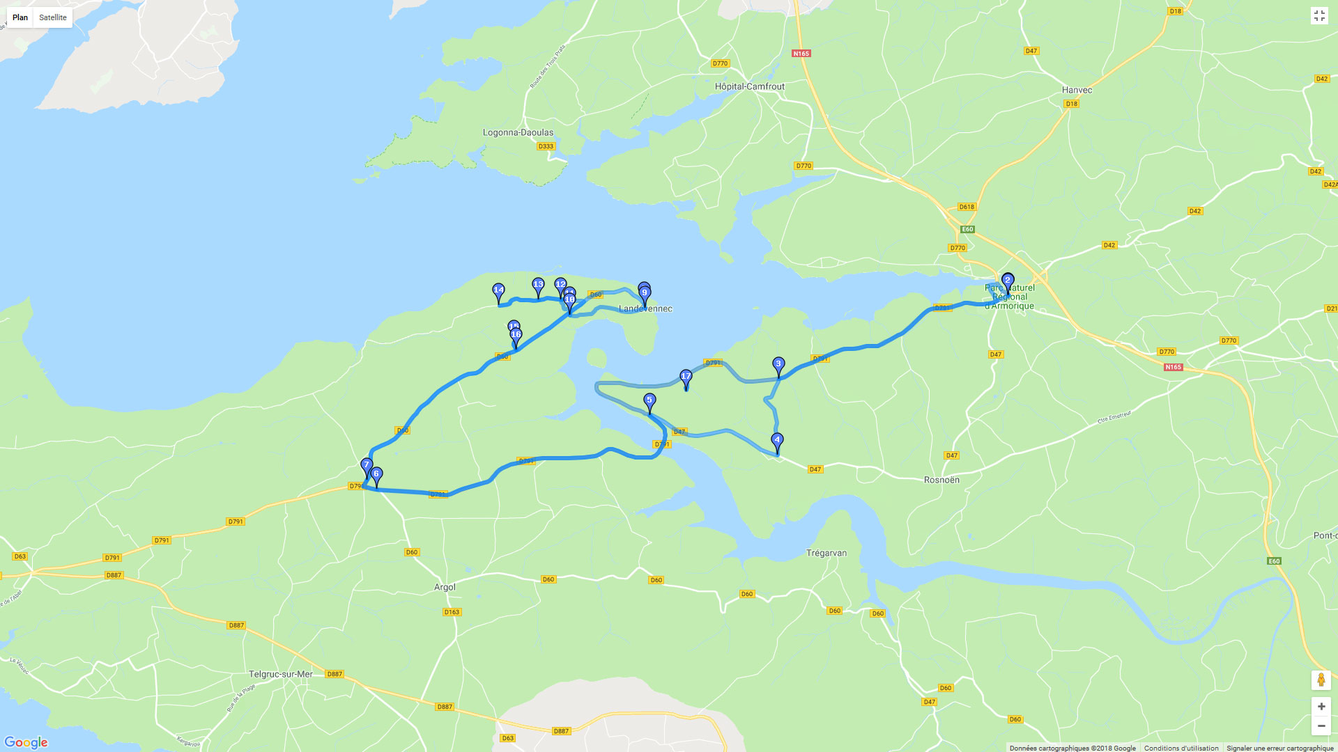 Pour zoomer sur la carte et avoir plus de détails, connectez-vous ! Carte roadbook Le Faou-Landevennec