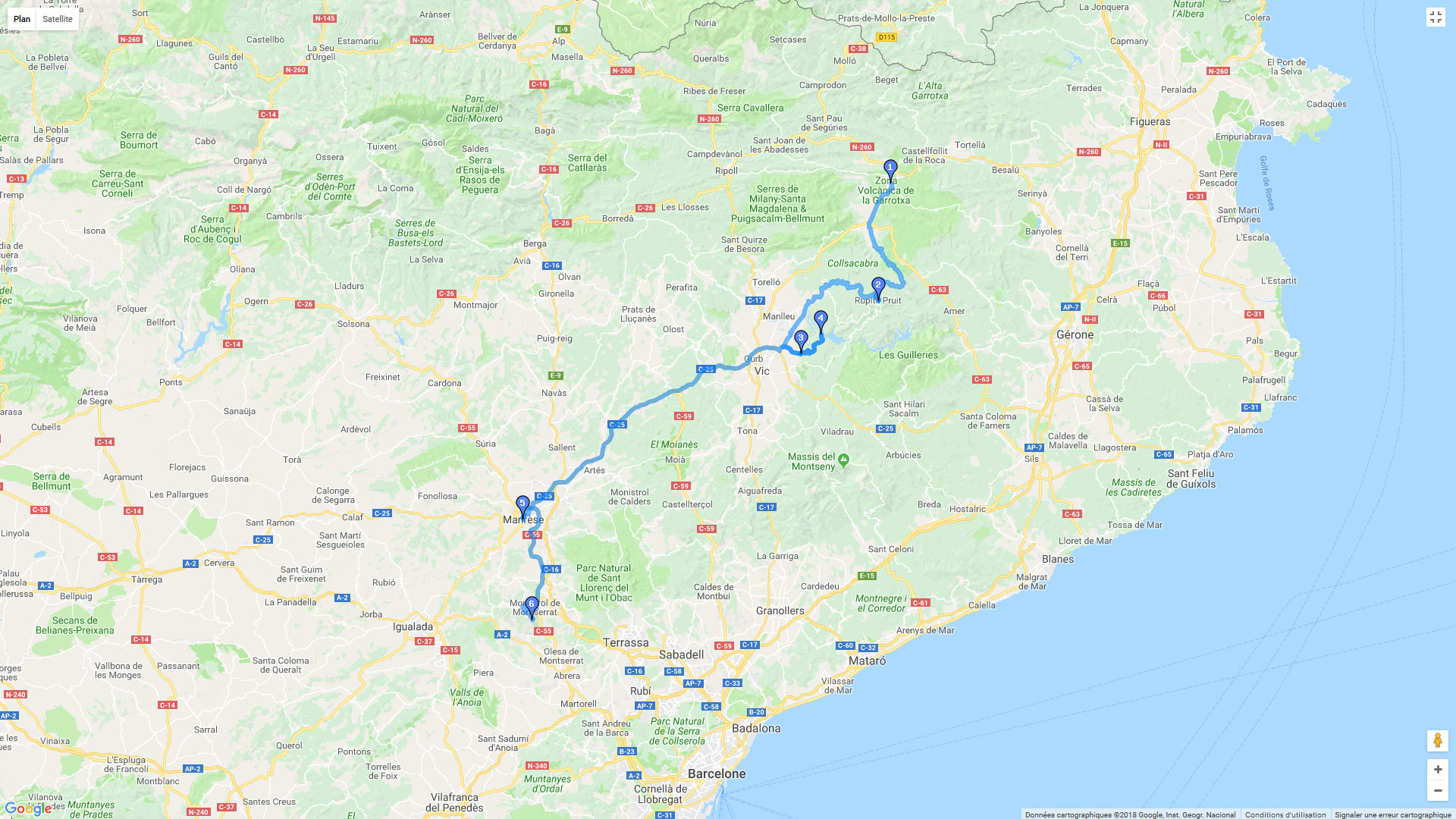Pour zoomer sur la carte et avoir plus de détails, connectez-vous ! Carte roadbook Catalogne -Olot - Montserrat