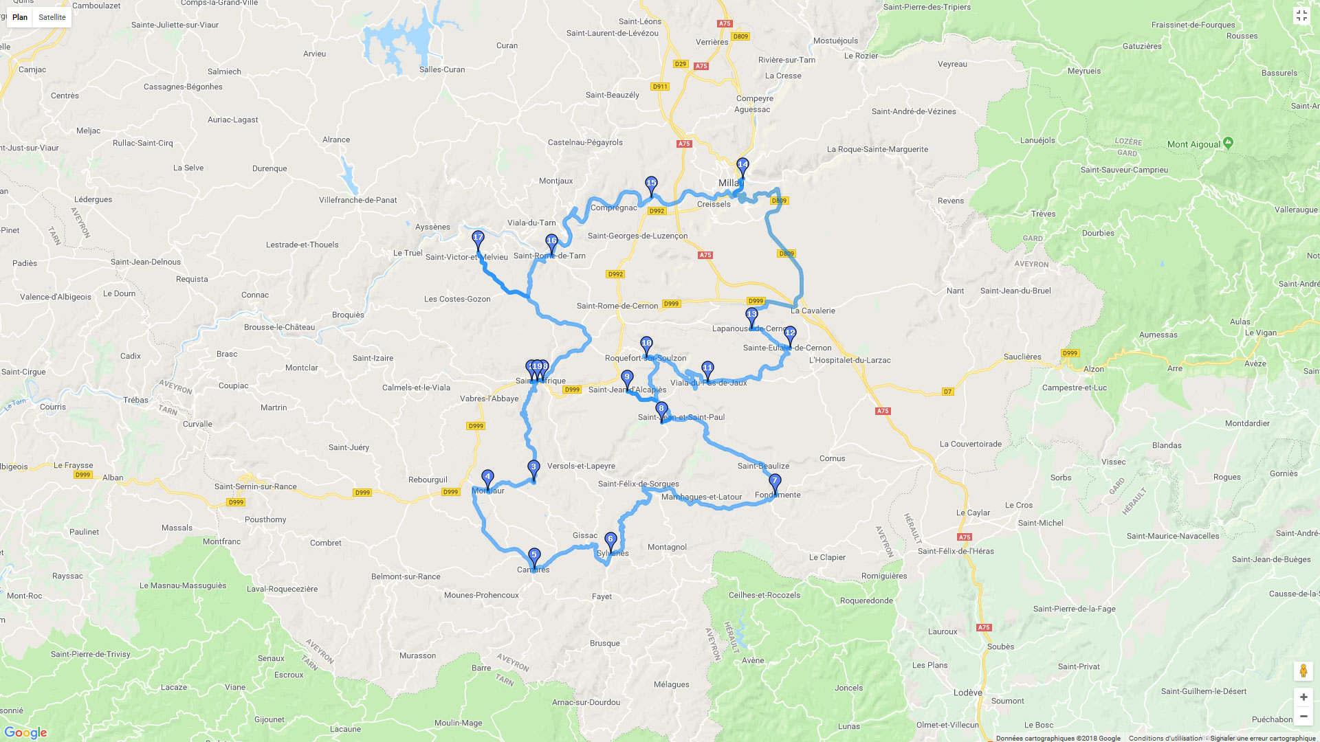 Pour zoomer sur la carte et avoir plus de détails, connectez-vous ! Carte roadbook Sud Aveyron, Rougier et sites templiers