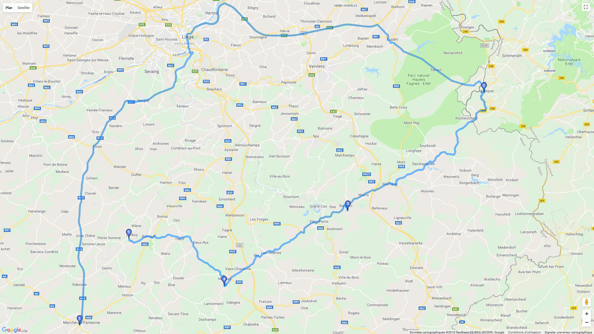 Pour zoomer sur la carte et avoir plus de détails, connectez-vous ! Carte roadbook Autour de Liège